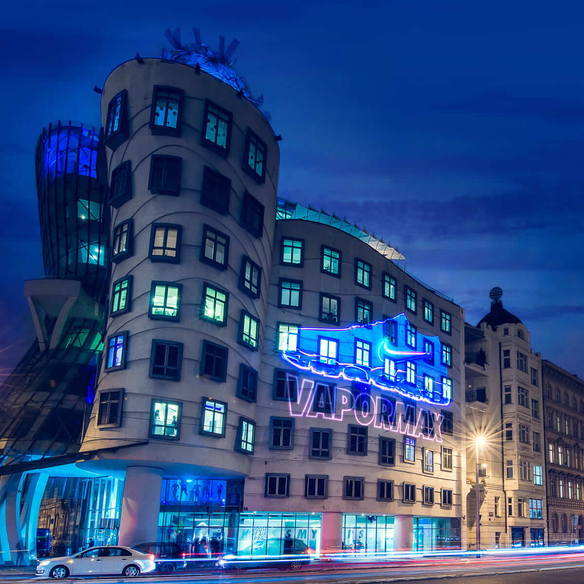Huge lighting Air Max Nike instalation on Dancing House in Prague.