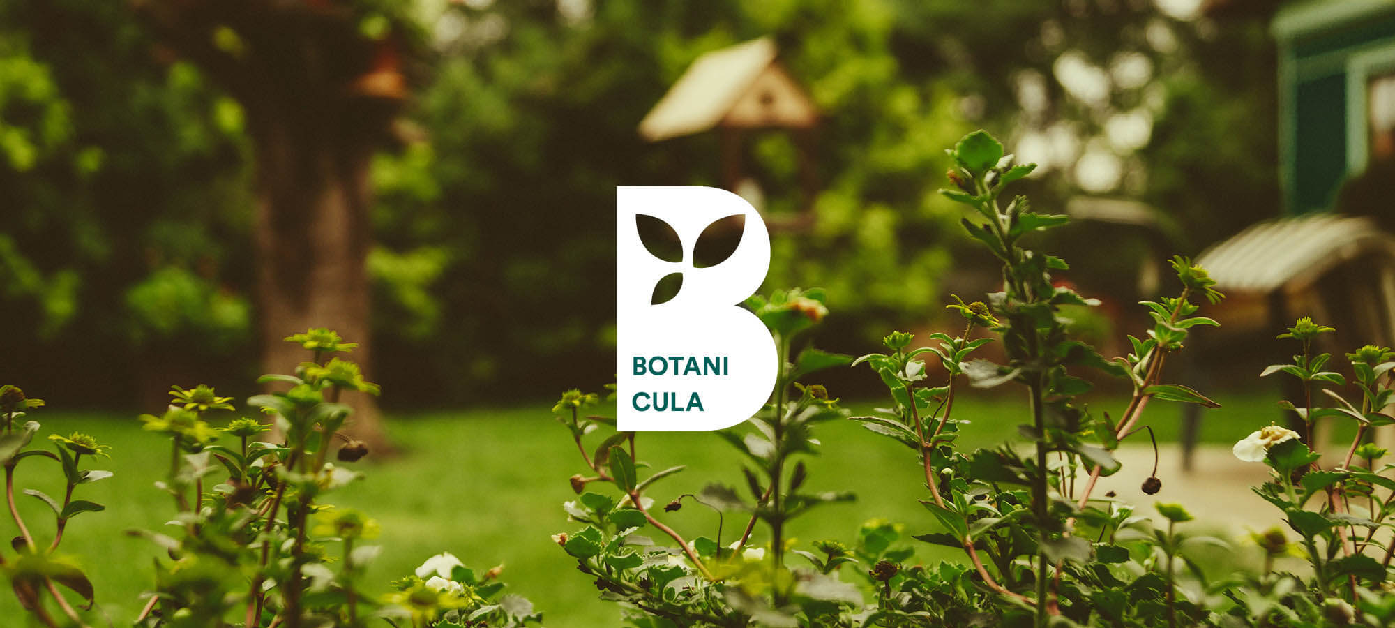A white logo of Botanicula on a photo with trees and bushes.