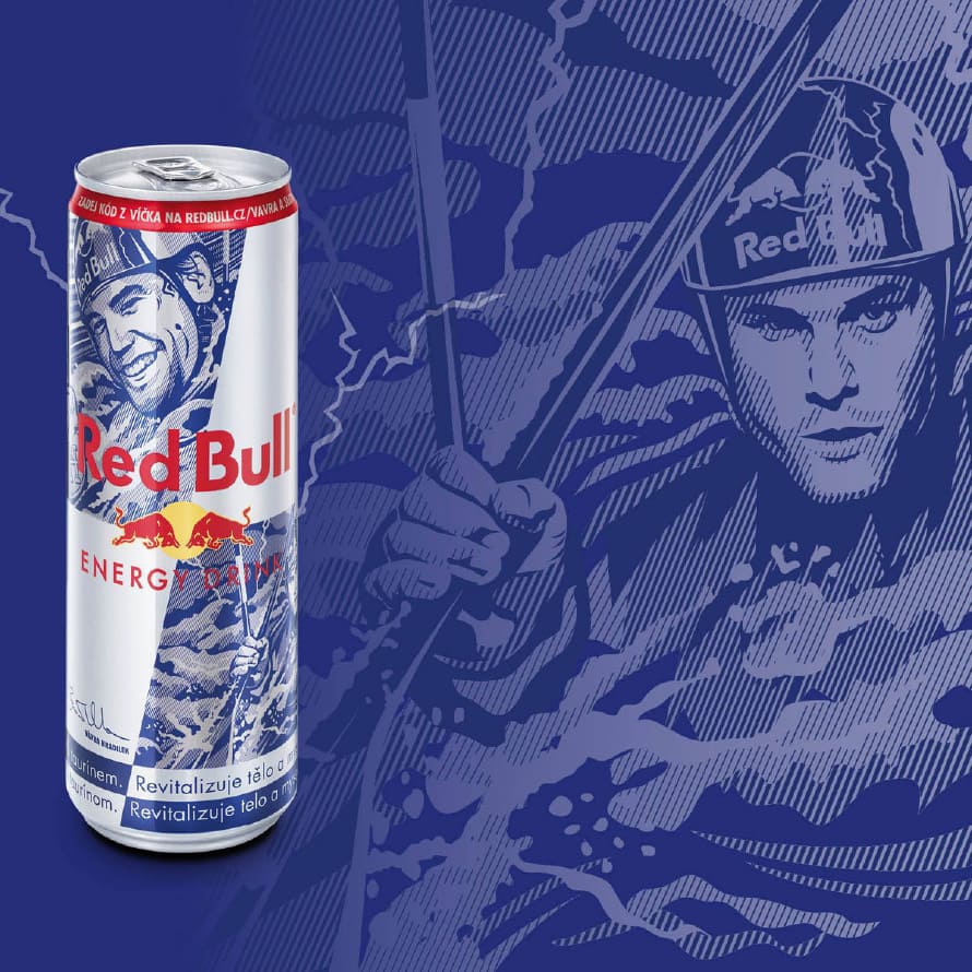 Red Bull banner with drink.
