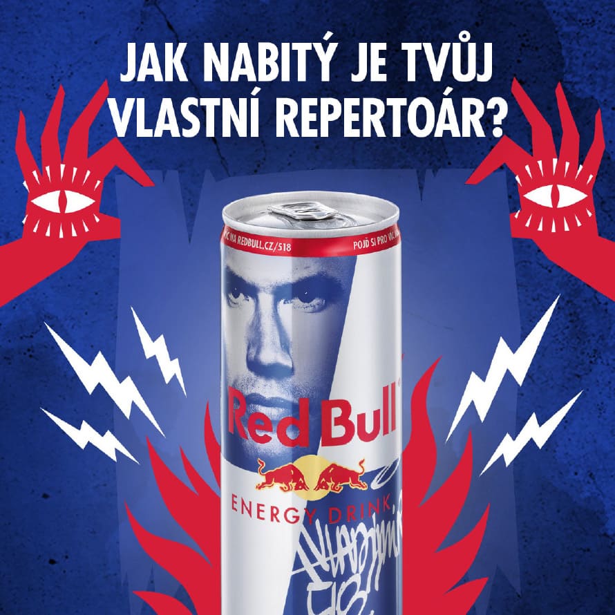 Red Bull banner with drinks.