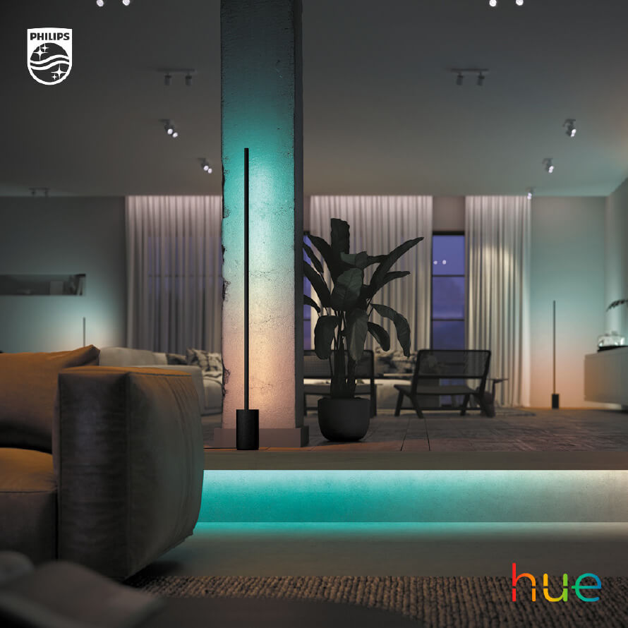 A social banner for Hue company - blue lighting on walls and a floor.